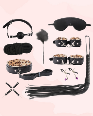 The 10 piece bondage kit  shown here with the leopard print interiors.