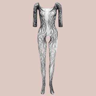 Showing the black lace look crotchless bodystocking from House Of Chastity without the model.  Edit alt text