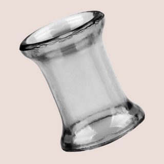 A view of the black silicone scrotum sleeve, you can see that has a see through design but has a black colouring to it.