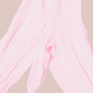 A close up image of the closed sheath body stocking, the penis sheath is fully enclosed.