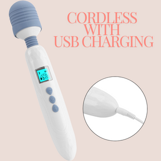The massager wand is cordless and  the charger has a usb end to allow for multiple ways to charge.