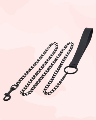 Black leather lead with chain on a pink background