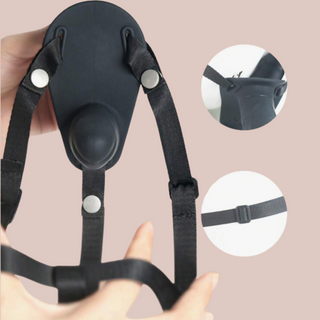 A close up of the waist strap attached to the dildo, you can see the internal dildo from above.