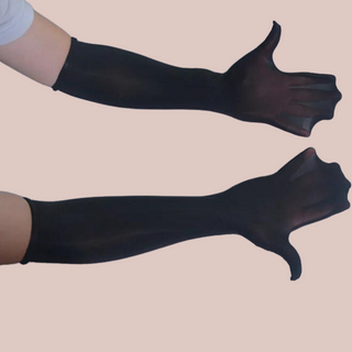 This close up of the gloves shows that they are elbow length