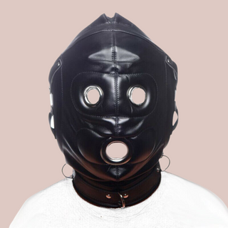 A front view of The Fetish Hood mask with the eye mask and gag removed, you can see the ringed holes for the eyes and mouth.