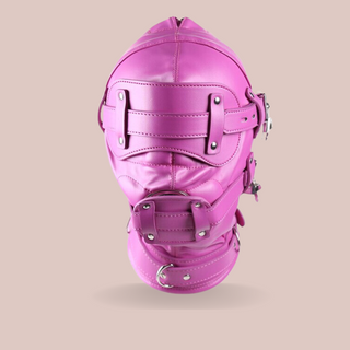 A front view of the Fetish Hood from House Of Chastity, you can see the eye mask and gag have been fixed in place.