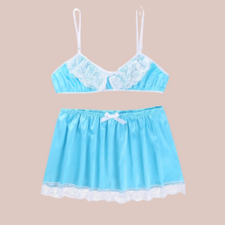 A pretty bra and petticoat set for men, the bra comes in satin baby blue with a lace decoration to the cups, thin white bra straps and a matching satin above knee petticoat with white lace edging detail and matching white satin bow detail.