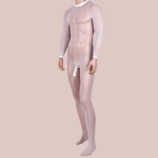 The full length body stocking shown being modelled in white, you can see that this version includes a penis sheath.