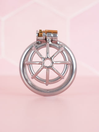 A front on view of the fully assembled Full Submission chastity cage