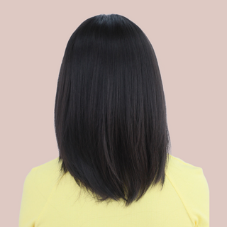 The back view of this black wig, you can see that it is slightly shaped at the back.