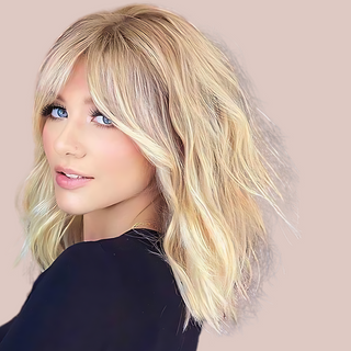 A styled version of the golden blonde wig from House Of Chastity, it is shown worn on a human.