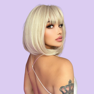 The HOC180-1 Platinum blonde wig, shown being modelled.