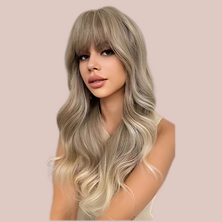 The Blonde Ombre wig from House Of Chastity is a gorgeous blonde wig with grey undertones, it  has been styled with soft waves and a long fringe.