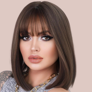 HOC31112 Brown Sleek Length Hair. This is a dark brown wig that has been styled into a sleek bob style and is designed to brush the shoulders. It also has a face softeningly blunt fringe.