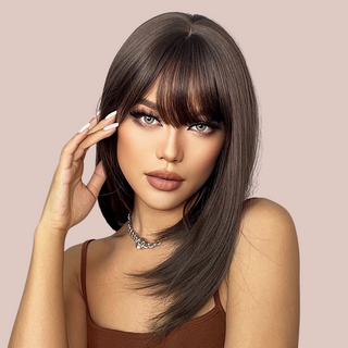 An angled view of the wig, it can be styled and is shown here brushed back off the shoulder.