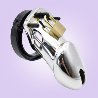 The HOC600 chastity cage in silver, it shown here fully assembled and with the padlock in place.