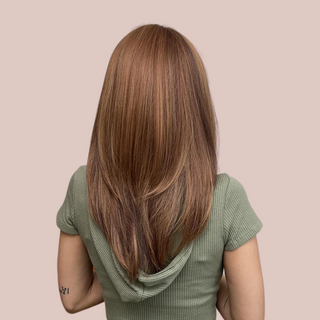 A back view of the HOC6133-1 wig from House Of Chastity, you can see that it has a shaped one length style that falls into a v-shape at the back.