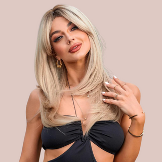 HOC8033-1 Ash Blonde Long Length Hair. Flowing full locks with a soft feathered fringe