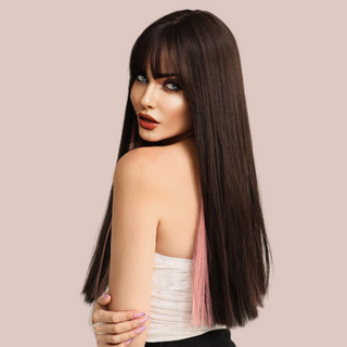 An over the shoulder view of the Long Straight Wig,you can see the pink under highlights peeking through.