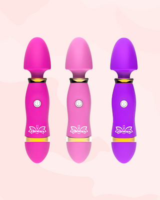 All three colours of Mini Cordless Magic Wand Massager, rom left to right, Rose Pink, Pink, and Purple.