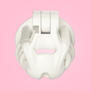 A front view of The Python chastity cage in white from House Of Chastity, it is shown here fully assembled.