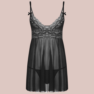 The pink see through night dress and matching thong panties, iyou can see the black see through material is complemented by the matching black lacing.