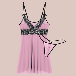 A flat view of the pink see through night Dres sand matching thong from House Of Chastity