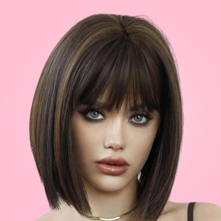 Another image of the soft brown wig, it has a fashionable bob cut and soft fringe.
