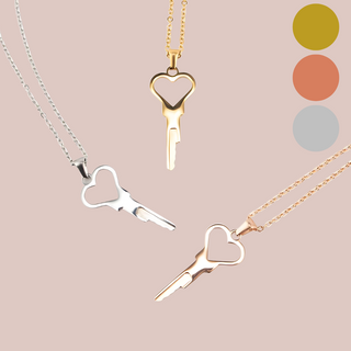 The Key To My Heart Necklace shown in all 3 colours available gold, rose gold and silver.