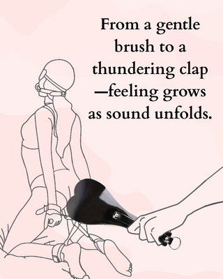 Illustration f a peson tied up and ready to be spanked, with the words From a gentle brush to a thundering clap - feeling grows as sound unfolds.
