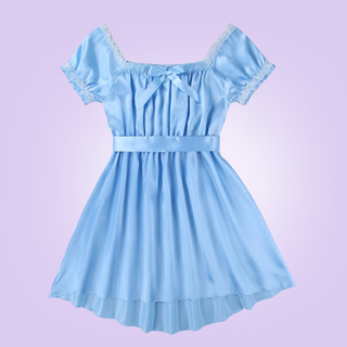 Shown here is the blue version of the satin night dress. It is an above knee length dress with a skater skirt, ruched satin bodice with decorative bow, square neckline, ruched and lace edged short sleeves and matching satin tie belt that has been tied at the back.