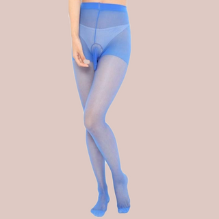 Blue men's tights being modelled and showing the closed end penis sheath.