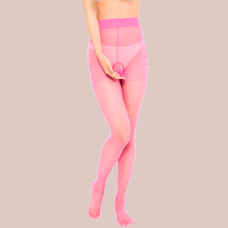 Pink men's tights being modelled and showing the closed end penis sheath.