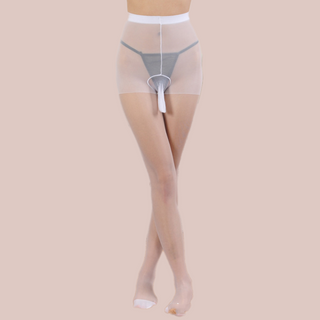 White men's tights being modelled and showing the closed end penis sheath.