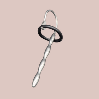 An alternate angle of The long length solid stainless steel urethral sound,shown here with the silicone ring fixed in place,
