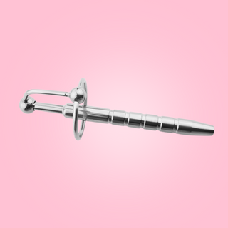 A side view of the Urethral Sounding Rod, you can see the beaded body, and ringed head designed to hold the rod in place.