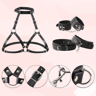 This image provides a close up image of the bra, wrist cuffs and thigh cuffs, it also provides close up view of the O-rings and buckles.