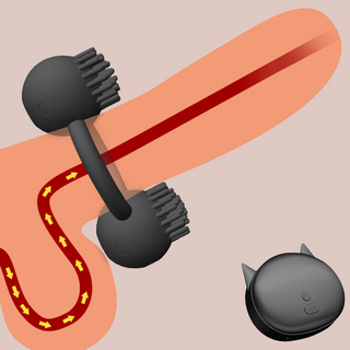 An image of how the cock ring is designed to be worn, you can see the cock ring sat on a penis and the control sending vibrations.