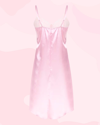 The rear view of the pink Vintage Style Satin and Lace Slip, it has a hidden zip.