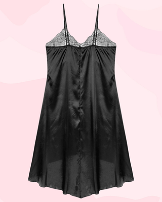 A rear view of the vintage style satin and lace slip, in this image it is lying flat.