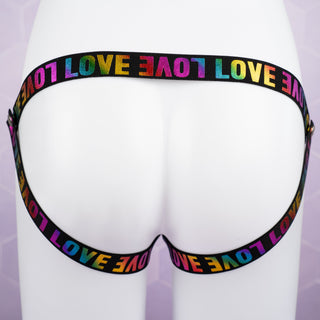 The jock strap style fit of the 3 way restraining chastity belt is shown here, you can see the LOVE print clearly.