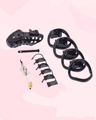 This image shows everything included in the Air One chastity cage kit.