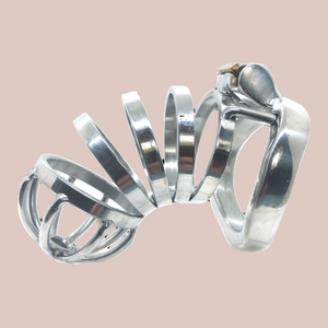 The Bird Cage Standard from House Of Chastity shown with the angular base ring fitted.