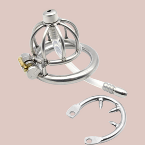 An extra small stainless steel chastity cage with an umbrella bar design, it comes with a detachable urethral tube, detachable barbed ring and comes with an integral lock.