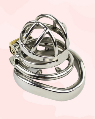 A small chastity cage made from stainless steel. It has a side bar design with open centre and comes with a stainless steel barbed ring. It comes in various ring sizes.