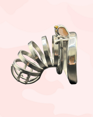 A side view of the chastity cage from the other side, you can see how the barbed ring is fitted to the chastity cage.