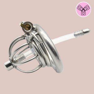 A male stainless steel nub sized chastity cage with umbrella head design with integral lock that fixes the cage and base ring together. This product also comes with a removable urethral insert.