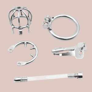 An extra small stainless steel chastity cage with an umbrella bar design, it comes with a detachable urethral tube, detachable barbed ring and comes with an integral lock.