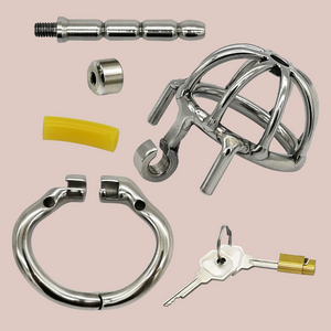 This image shows all 5 pieces of the chastity cage set, this inclues the chastity cage, the base ring, the urethral tube, the end cap to the urethral tube and the comfort silicone cover. This image also shows the lock and 2 keys that are included.t