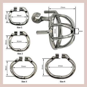 This image shows all of the dimensions of the chastity cage and each of the base rings that are available.